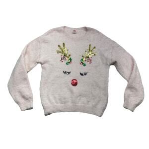 Holiday Time Womens Large Sweater Light Pink Reindeer Bells Sequins Fuzzy